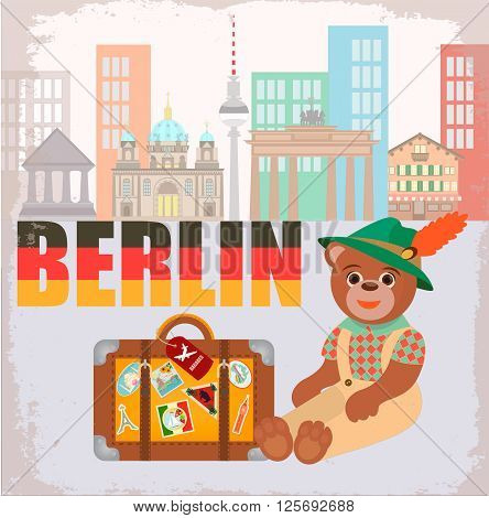 Symbol of Berlin Bear with a Suitcase with Stickers all over the World against the background of the Cityscape Berlin Framing vintage