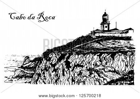Drawing background landscape view of the Lighthouse at Cabo da Roca in Sintra, Portugal, sketch, ink, graphic vector illustration