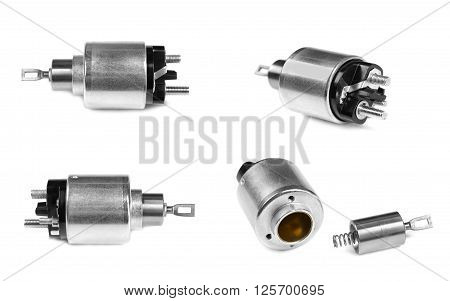 Spare parts for the starter to the car on a white background. Collage image is composed of several photographs.