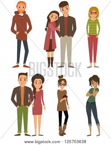 People characters. Character set with flat design style. Couple and lovers, young men and young women characters.