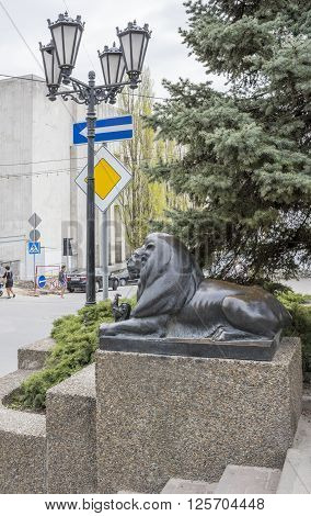 ROSTOV-ON-DON RUSSIA- APRIL 11- Lion guarding the "Golden Cockerel (based on the story of Alexander Pushkin)". Sculptor D.Lyndin on April 11; 2016 in Rostov-on-Don