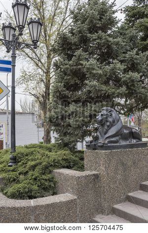 ROSTOV-ON-DON RUSSIA- APRIL 11- Lion guarding the "Golden Cockerel (based on the story of Alexander Pushkin)". Sculptor D.Lyndin on April 11; 2016 in Rostov-on-Don
