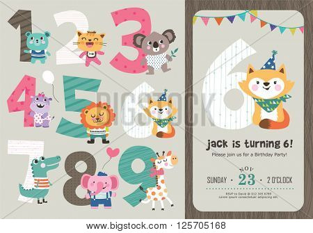 Birthday Anniversary Numbers with Cute Animals & Birthday Party Invitation Card Template