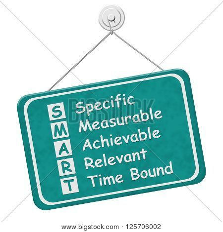 Writing your SMART Goals A teal hanging sign with text listing SMART Goals isolated over white