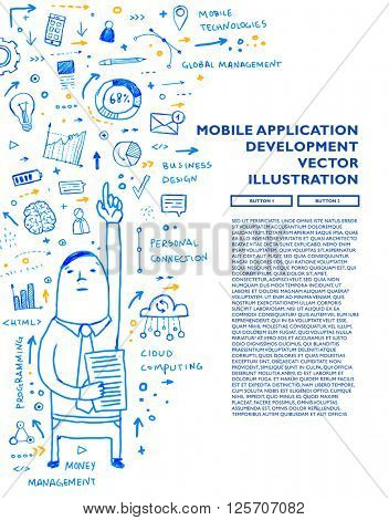 Hand Drawn Style Business Design. Pencil Sketch. Set of application development, web site coding, information and mobile technologies vector icons and elements.