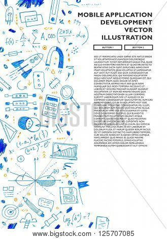 Hand Drawn Style Business Design. Pencil Sketch. Set of application development, web site coding, information and mobile technologies vector icons and elements.
