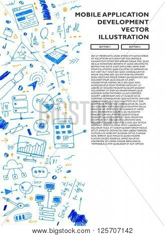 Hand Drawn Style Business Design. Pencil Sketch. Set of application development, web site coding, information and mobile technologies vector icons and elements.