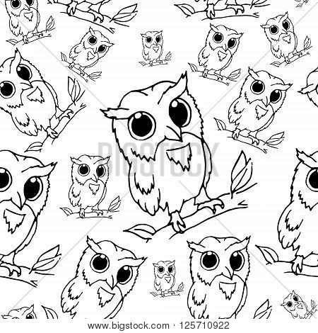 Owls vector stock illustration. Hand drawn background seamless pattern