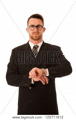 Successful Businessman In Formal Suit Chacking Time On Wrist Watch.
