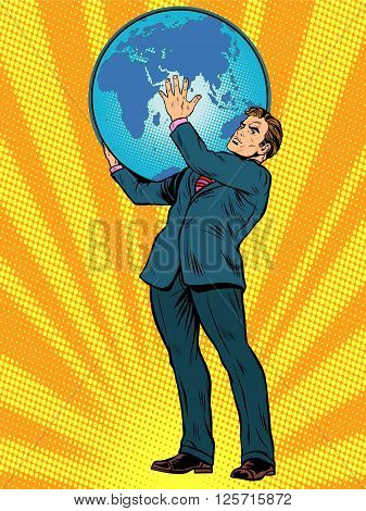 Businessman the Titan Atlas holds the Earth on his shoulders pop art retro style. Images of ancient myths in business. The power of the planet. caring for the earth. Earth Day