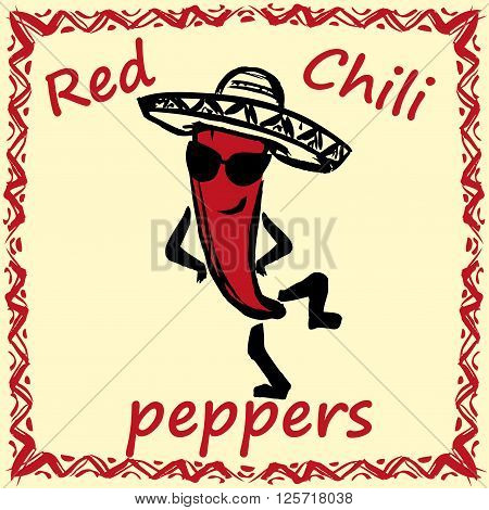 Hand drawn red chili pepper with sombrero.vector illustration