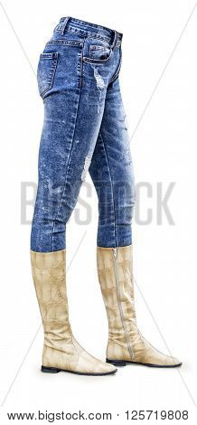 Legs in jeans and boots belongs to beautiful girl. Isolated on white background