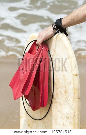 Causasian man just finished surfing on the waves Sea beach san