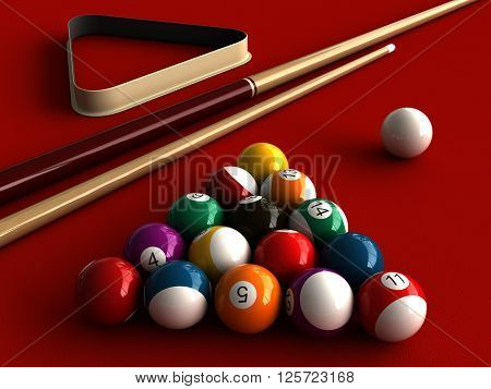 3d rendering of billiard balls and stick over billiard table
