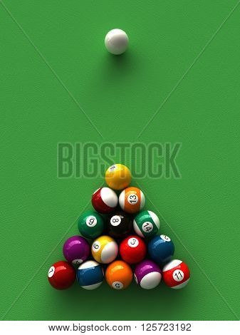3d rendering of billiard balls and stick over billiard table