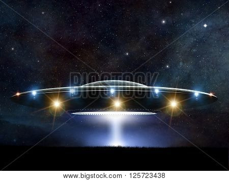3d rendering of flying saucer ufo on night background