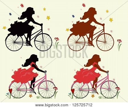 Set silhouettes girls on Bicycle . 4 different versions of vector illustrations. Horizontal location.