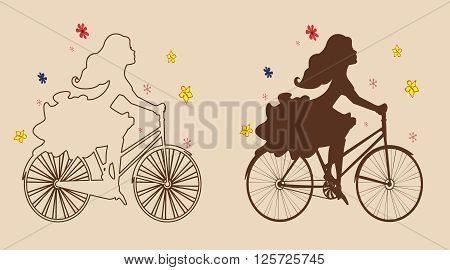 Silhouettes girls on Bicycle. 2 options on a beige background. Vector illustration . Horizontal location.