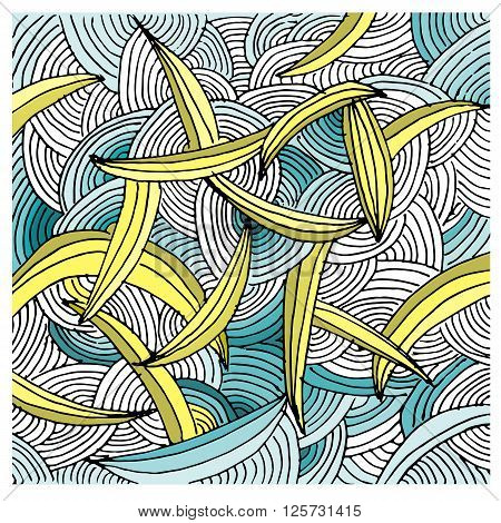 Handmade background of stylized bananas in the blue sea