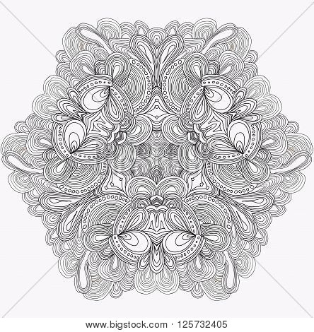 Black and white abstract pattern with leaves and flowers. Doodle. Hand drawn zentagles. Coloring book. Mandala. Vector image. Can be used as adult coloring book page, card, invitation.