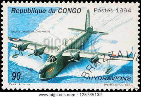 MOSCOW RUSSIA - APRIL 12 2016: A stamp printed in Congo shows British flying boat patrol bomber Short Sunderland series 