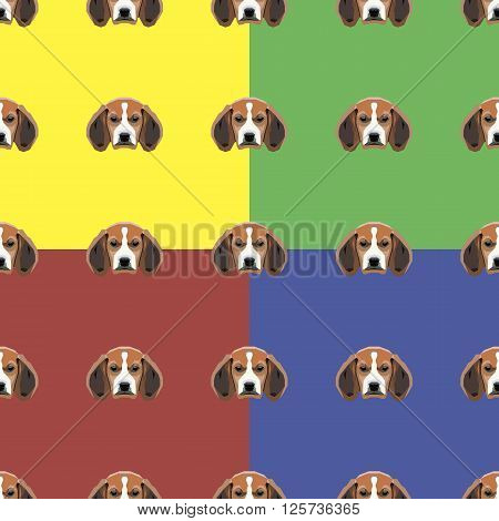 Sad dog red, yellow, blue and green vector background. Seamless pattern. 4 in 1.