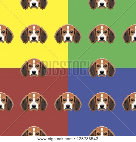 Sad dog red, yellow, blue and green vector background. Seamless pattern. 4 in 1.