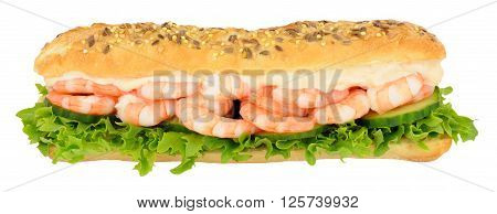 Sub roll sandwich filled with prawns and salad isolated on a white background