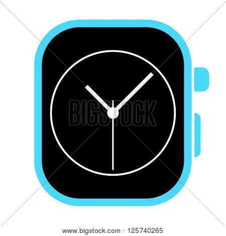 Blue Digital Watch With Clock Face On Its Screen. Vector With White Background.