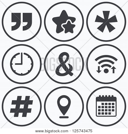 Clock, wifi and stars icons. Quote, asterisk footnote icons. Hashtag social media and ampersand symbols. Programming logical operator AND sign. Calendar symbol.