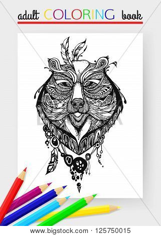Adult Coloring Page with bear head. Bear head tattoo. Russian bear. Bear - symbol of Russia. Bear head vector illustration.