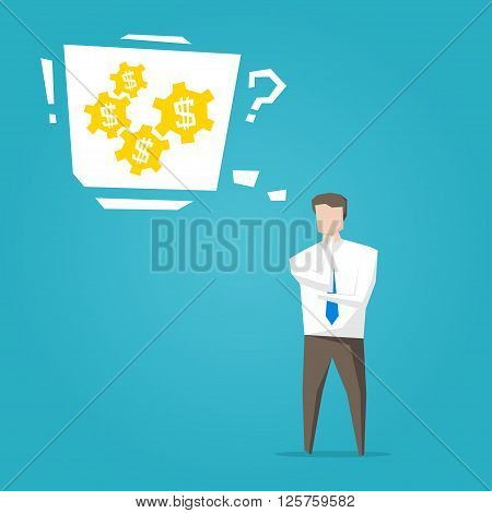 Businessman thinks about money process vector illustration. Business character creative concept.