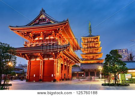 Asakusa, Tokyo at Sensoji Temple's Hozomon Gate and five storied pagoda.
