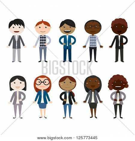 Set characters business woman and businessman in a cartoon style. Different races and skin color. Vector flat style