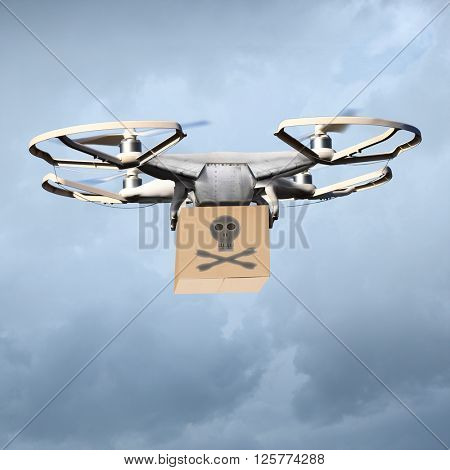 Drone as a smuggler of drugs or dangerous terrorist with bomb. Digital artwork fictional vehicle on UAV theme.