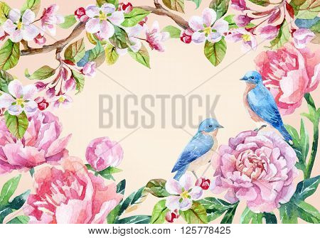 Watercolor floral card and birds. Garden peonies apple bloom and wisteria flowers on vintage background with blue birds. Hand painted illustration