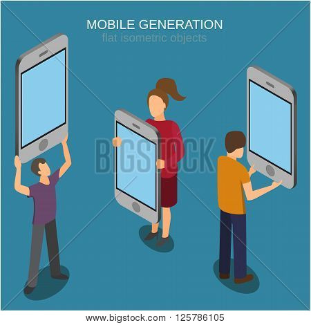 Mobile generation template with people and smart phone touch screen flat 3d web isometric infographic concept vector.