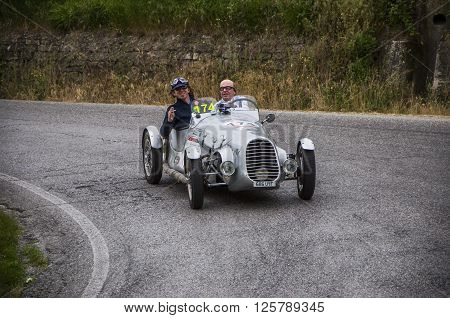 PESARO, ITALY - MAY 15: BENEDETTI Giannini 750 Sport 1948 on an old racing car in rally Mille Miglia 2015 the famous italian historical race (1927-1957) on May 2015