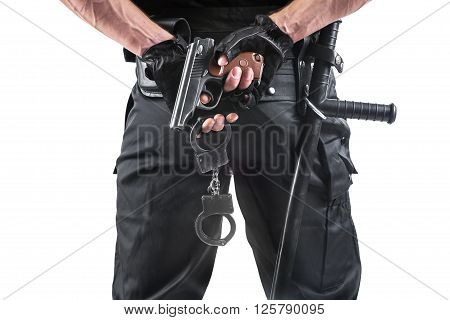 Police Officer With Handcuffs And Gun. Isolated On White.