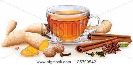 Tea witch masala spices on white background. Vector illustration