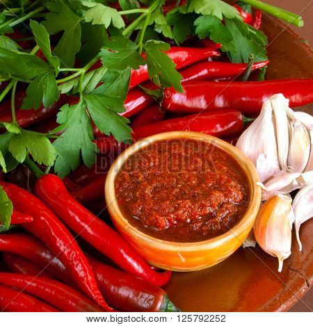 Raw hot georgian sause adjika and ingredients
** Note: Visible grain at 100%, best at smaller sizes