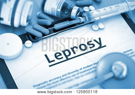 Leprosy - Medical Report with Composition of Medicaments - Pills, Injections and Syringe. Diagnosis - Leprosy On Background of Medicaments Composition - Pills, Injections and Syringe. 3D.