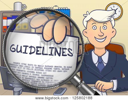Guidelines on Paper in Businessman's Hand to Illustrate a Business Concept. Closeup View through Lens. Multicolor Modern Line Illustration in Doodle Style.