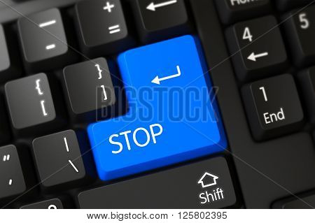 Stop Close Up of Computer Keyboard on a Modern Laptop. Stop Key on Computer Keyboard. Stop Concept: PC Keyboard with Stop, Selected Focus on Blue Enter Keypad. 3D Render.