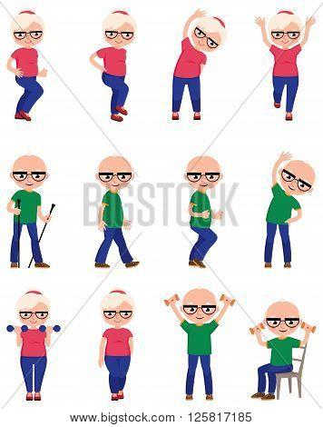 Set Elderly people do different sports exercises Stock vector illustration