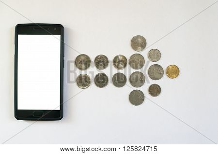 Arrow of coins from mobile phone. Mobile phone with indian currency set on a white background. Denoting payment through mobile and mobile wallets