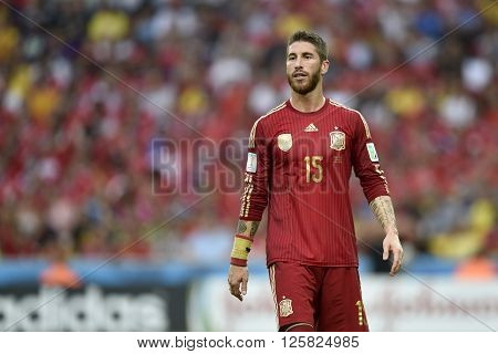 RIO DE JANEIRO BRAZIL - June 18 2014: Sergio RAMOS of Spain during the FIFA 2014 World Cup. Spain is facing Chile in the Group B at Maracana Stadium