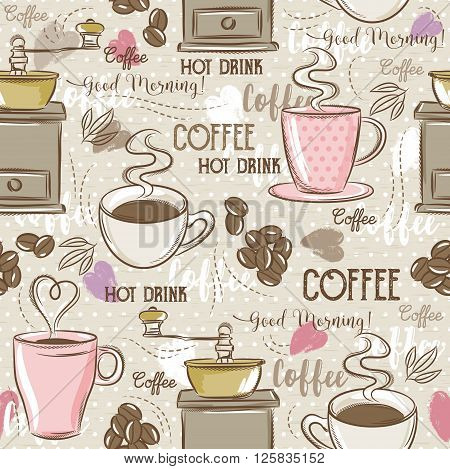 Beige seamless patterns with coffee setcup heart coffee mill and text. Ideal for printing onto fabric and paper or scrap booking.