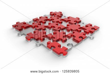 Red and silver metal jigsaw puzzle. 3d rendering.