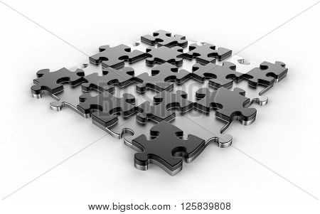 Black and silver metal jigsaw puzzle. 3d rendering